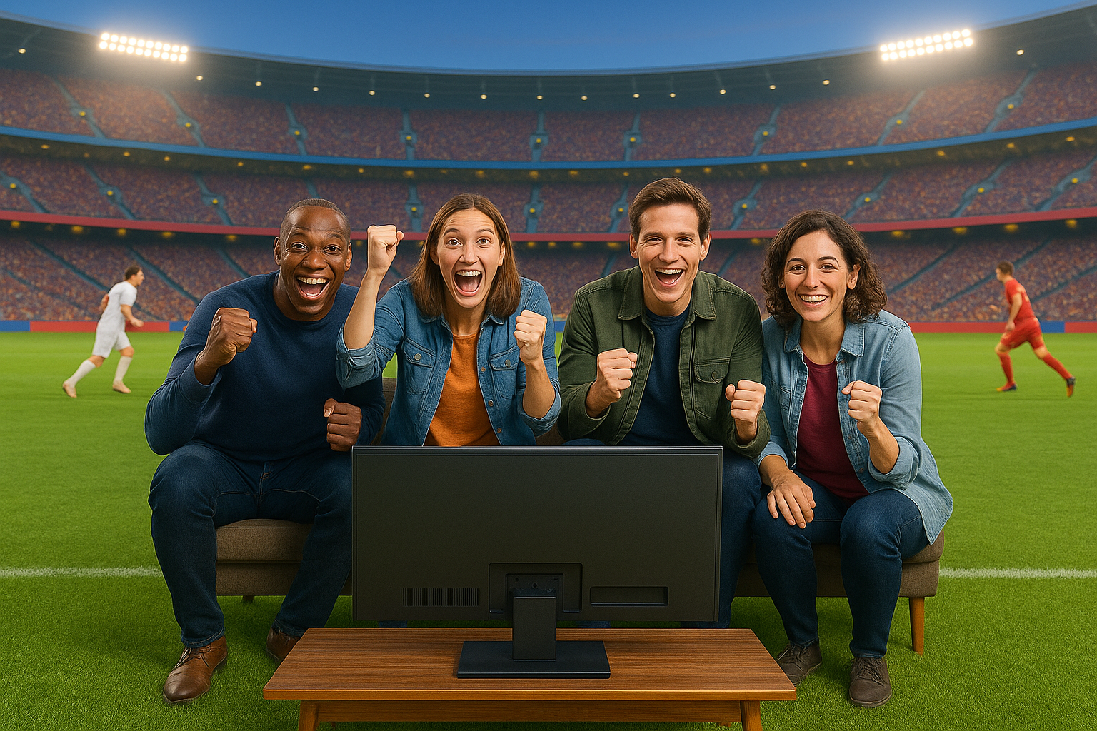Four people watching a TV using WebRTS while on a sofa on a soccer pitch. They are excited.